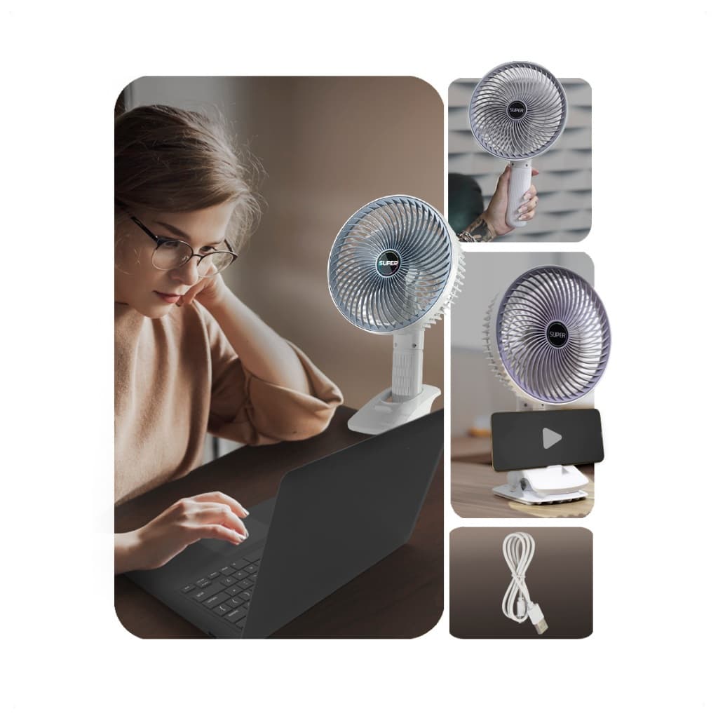 Ventilador Mesa Portátil Multifunção USB Recarregavel Silencioso 3 potencias com Clipe 3 Pás 4 Modos