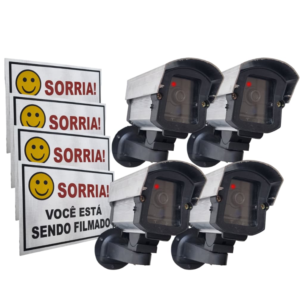 Kit 4 Micro Câmeras Falsas Com Led + 04 Placas Sorria p/ Segurança Residencial Industrial Comercial
