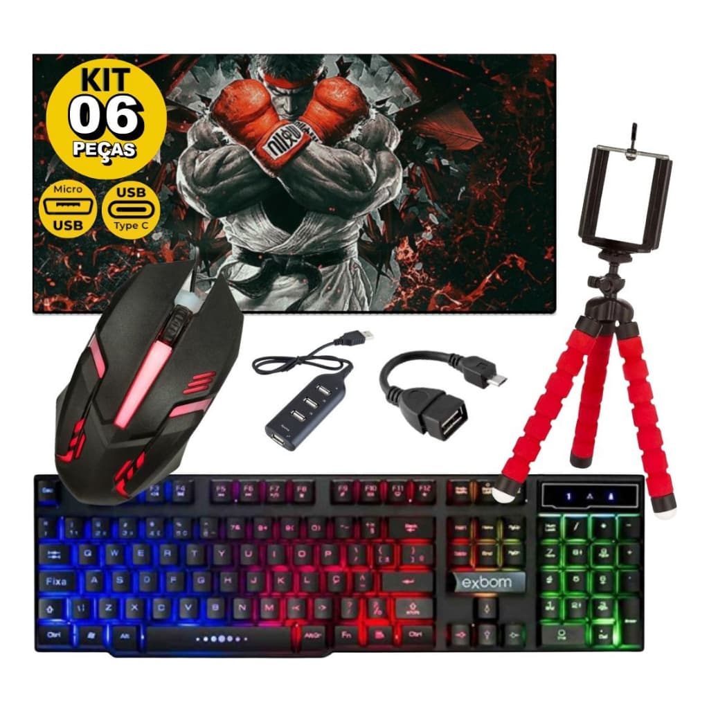 Kit Mobilador Gamer Para Android Com Teclado Mouse Tripé e Adaptador C ou V8 Free Fire