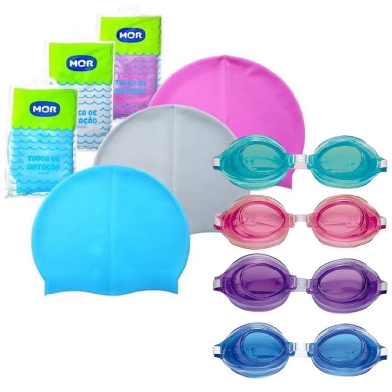 KIT NATAÇÃO TOUCA DE SILICONE + OCULOS DE NATAÇÃO INFANTIL MOR