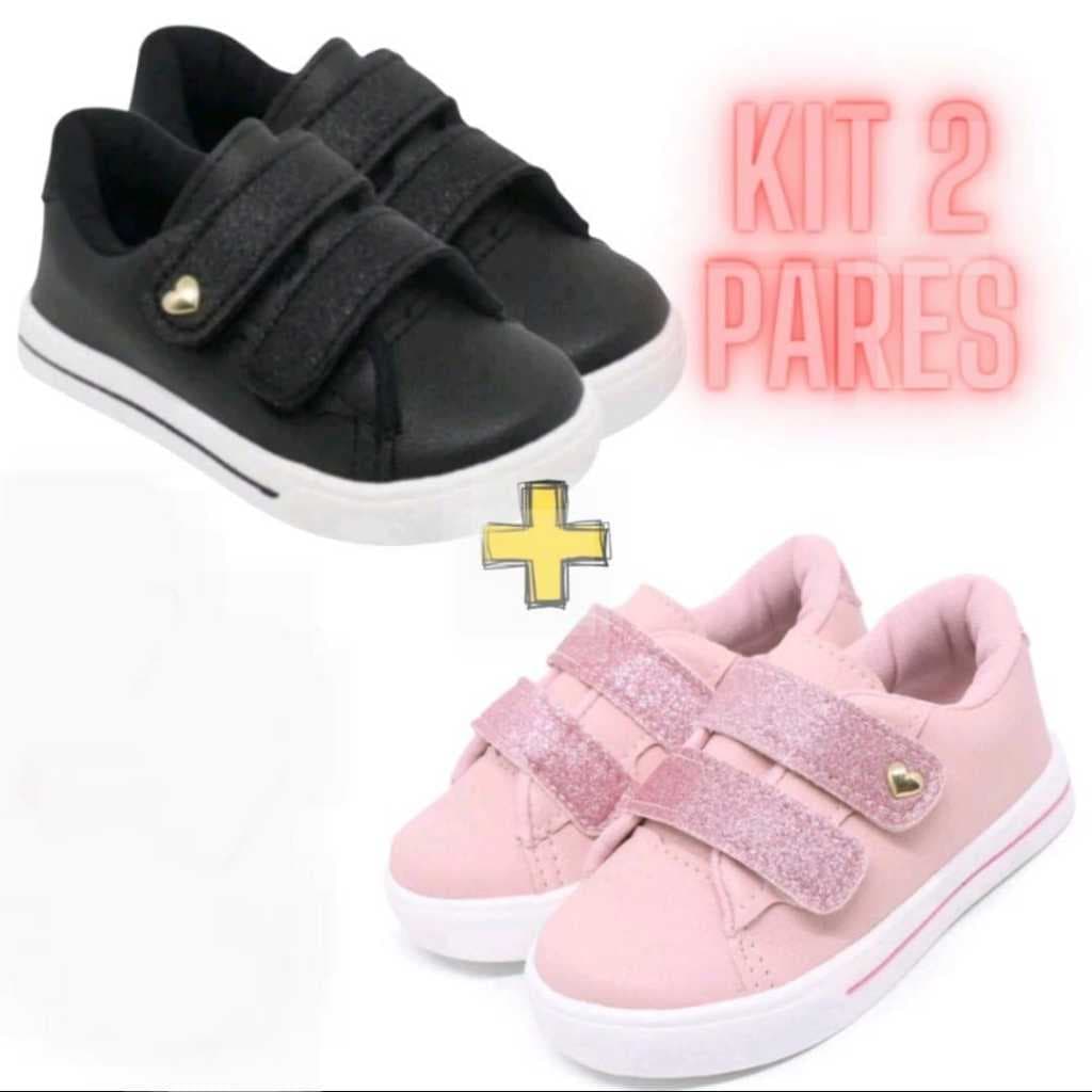 Kit 2 Tênis Infantil Menina Ponta Glitter Coração Confortável Antiderrapante