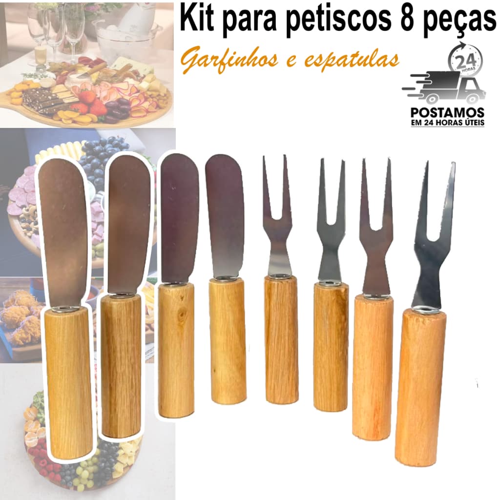 kit 8 ou 12 Peças Garfinho espatula petisco inox madeira aperitivos frios queijos pate Manteiga