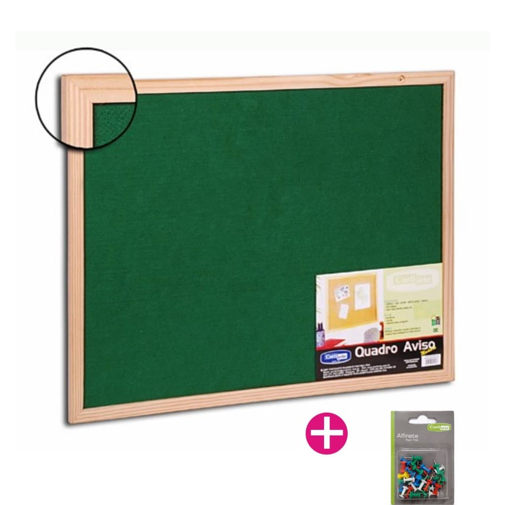 Quadro Aviso Feltro Verde 60x45cm Moldura Madeira + 30 Alfinetes