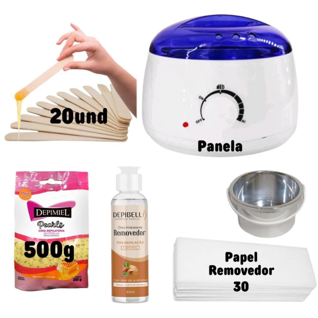Kit Depilação Aquecedor Cera Quente Panela Elétrica + 1 Pct Cera Perolada 500g + Palios + Papel