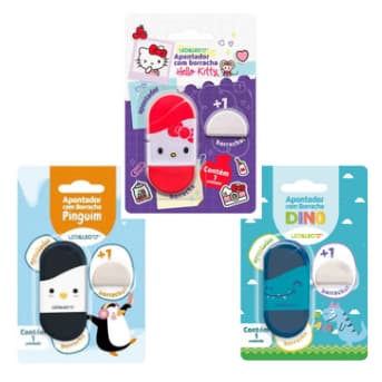 BORRACHA COM APONTADOR PINGUIM / DINO \ HELLO KITTY COM REFIL LEO&LEO