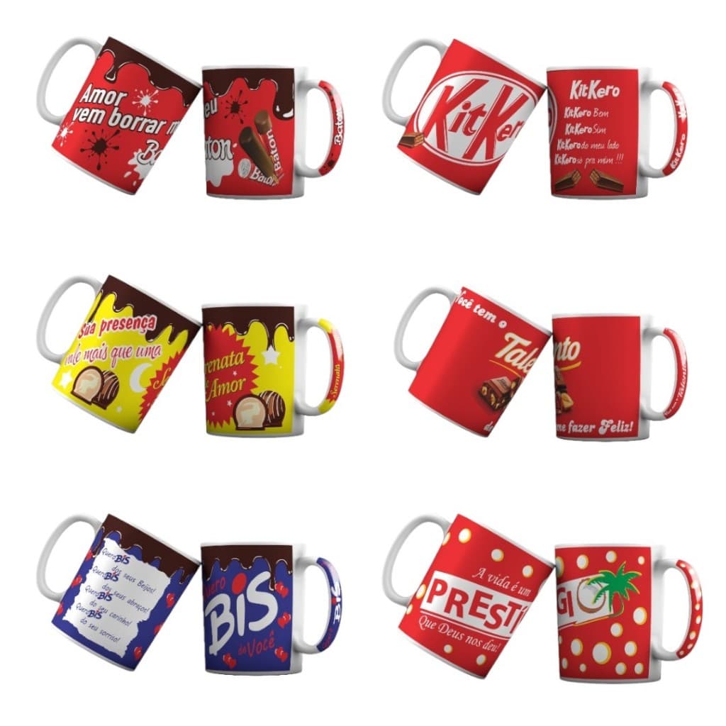 Kit 6 Canecas Porcelana 300ml Com Tema Chocolate  Para Casal Perfeita Para o Dia dos Namorados Xicara Grande Chá - Café