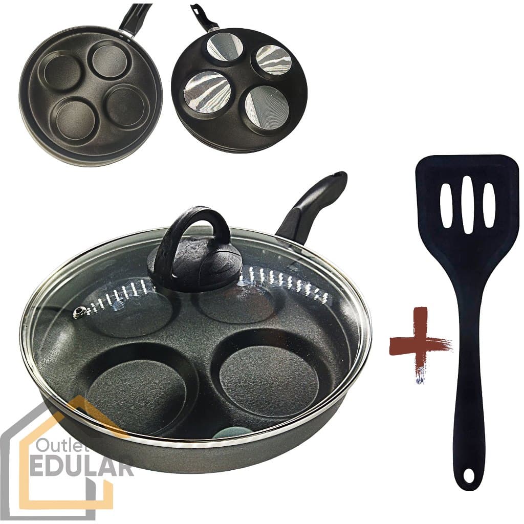 Frigideira 26 cm Divisória 4 Ovos Hambúrguer Com Tampa de Vidro e com Espátula Antiaderente Cor Preto Grafite