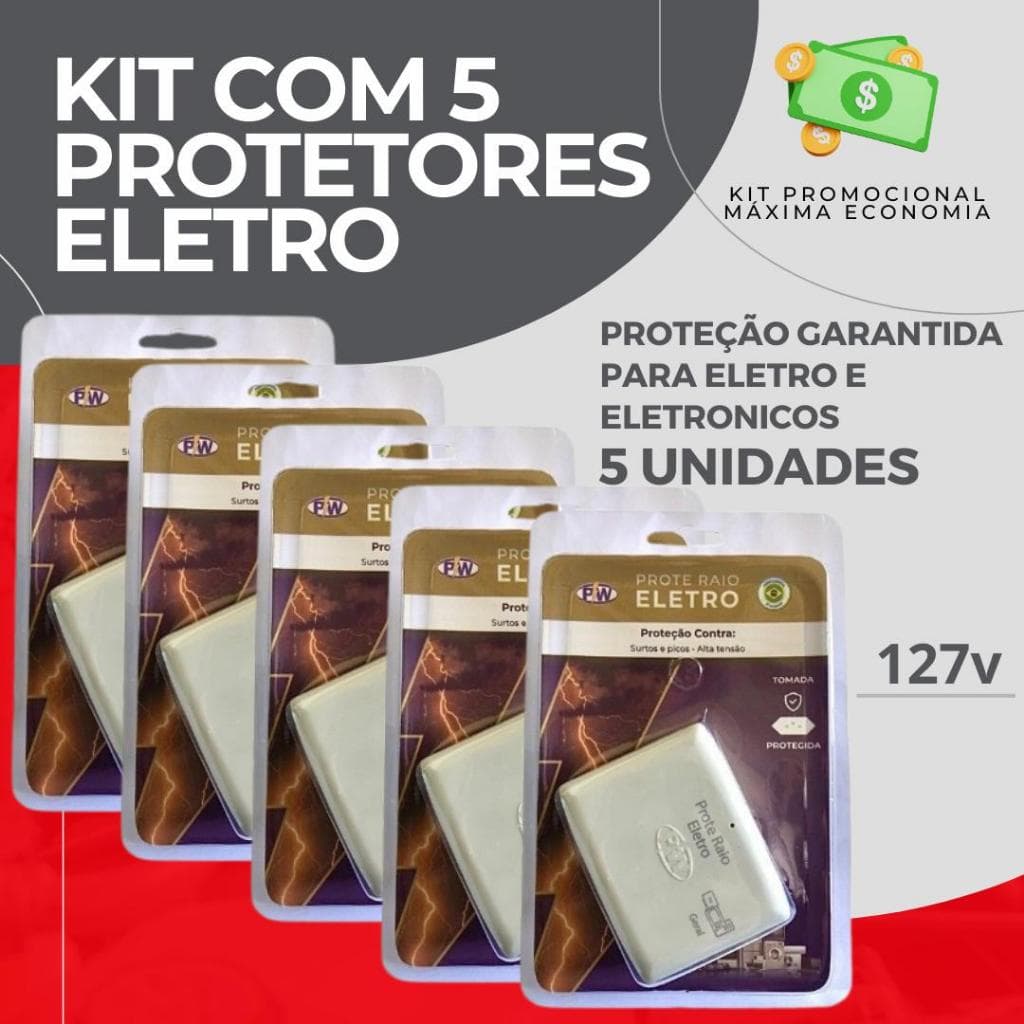 Kit com 5 Protetores de Raio PW Eletro 2 Tomadas 10A -  O Mais Vendido