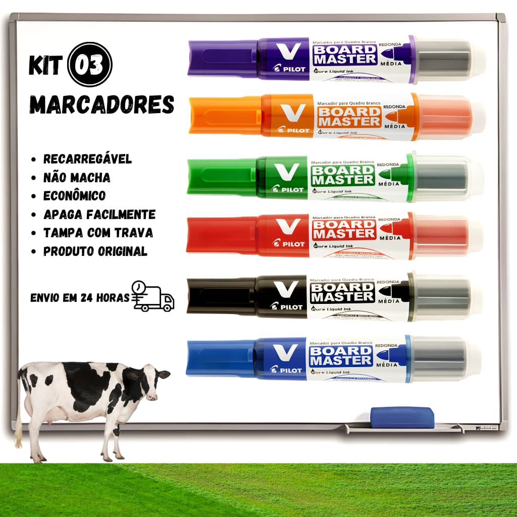 KIT 03 Marcadores WBMA V-Board Master Recarregáveis Canetão Para Quadro Branco Pilot