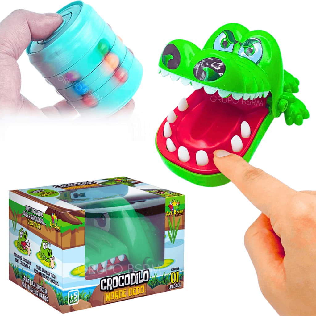 Kit 2 Jogos educativos infantil Crocodilo Morde Dedo Jacaré + Brinquedo Anti Stress Hand Spinner Cilindro Cubo Mágico