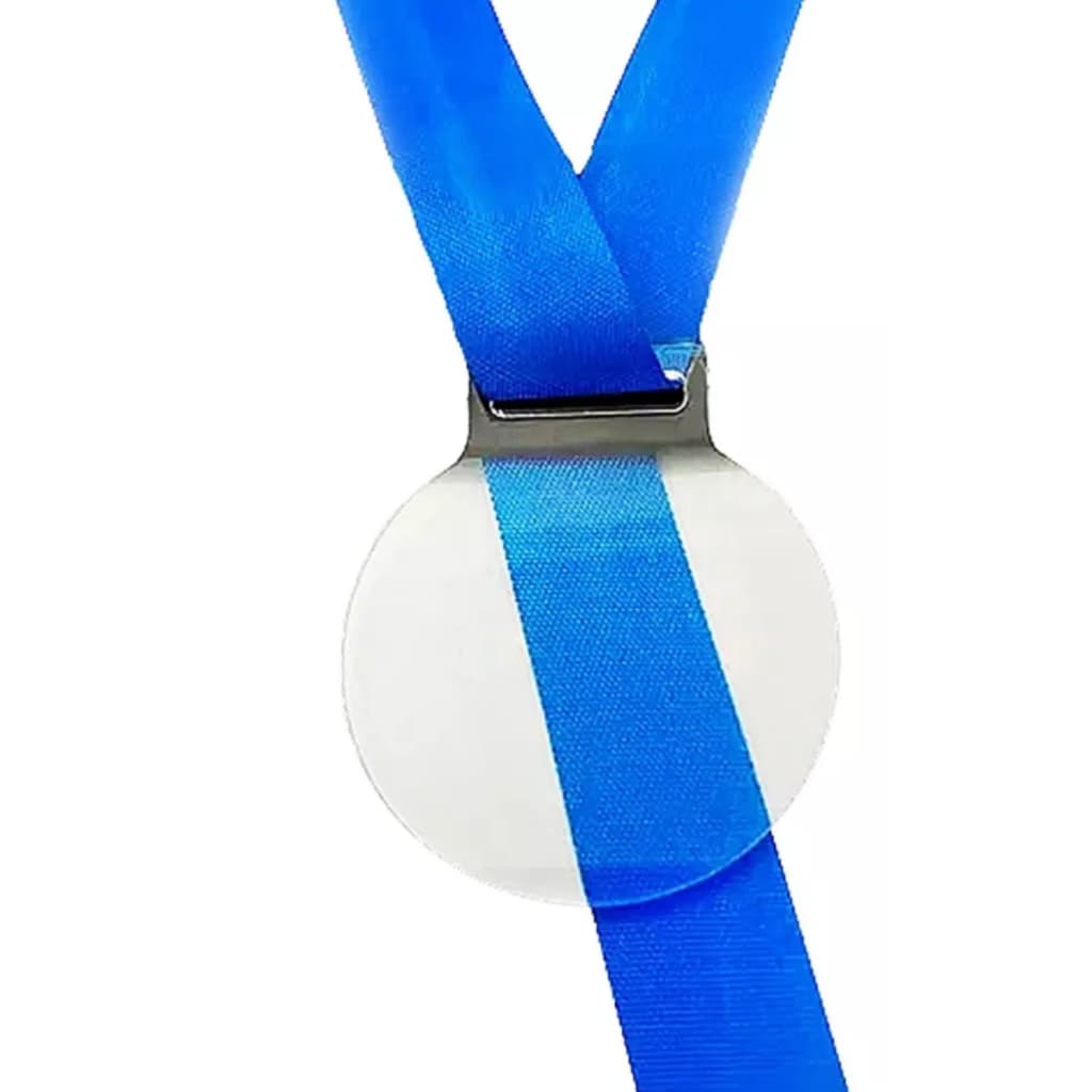 Kit 50 Medalhas Redondas 5cm Acrílico Cristal 2mm Fita Azul