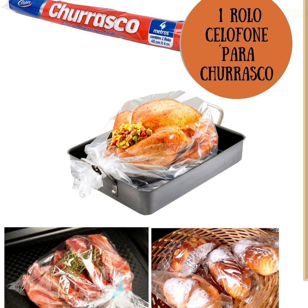 1 ROLO DE CELOFANE PARA EMBULHO DE ASSADO COM 4 METROS CHURRASCO LIFE CLEAN