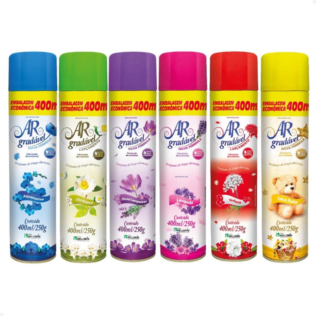 Kit 3 ou 6 Spray Ar Gradável Odorizador de Banheiro Kelldrin 400ml Bom Ar para sua Casa