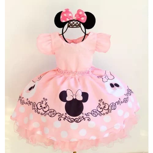 Vestido Infantil Temático Minnie Baby Rosa Com Tiarinha
