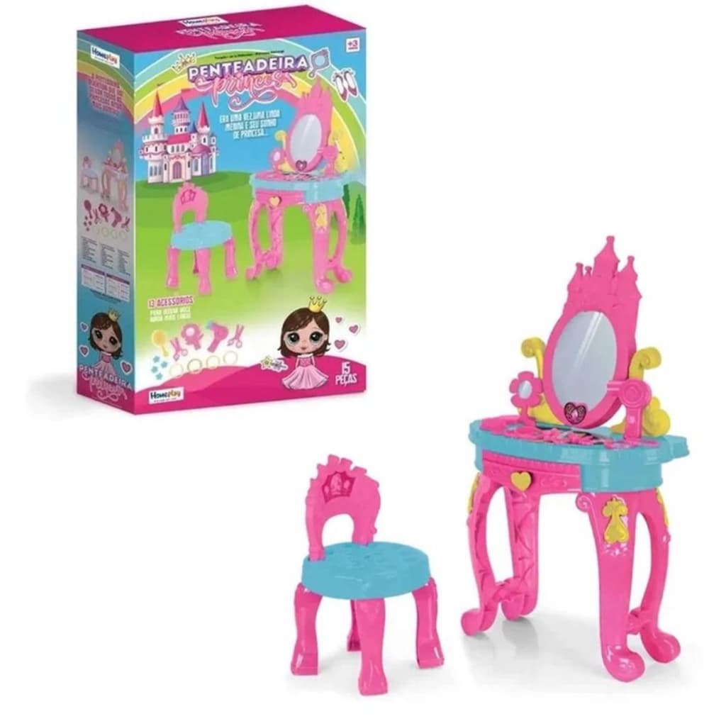 Penteadeira Da Princesa Encantada Rosa Pink Infantil acessórios banqueta espelho decorativo Homeplay