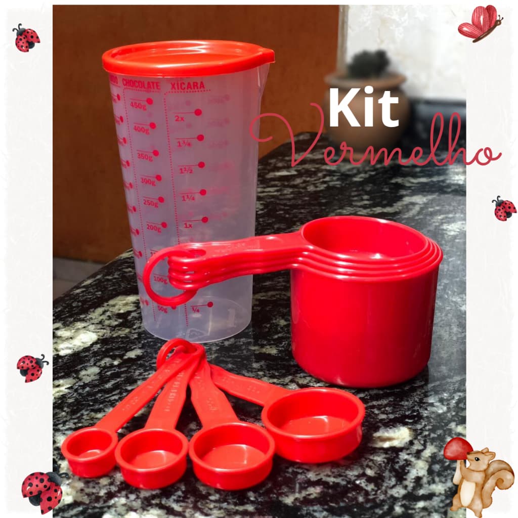 Kit Medidores Vermelho 9 peças Copo com tampa Xicaras e Cores Red