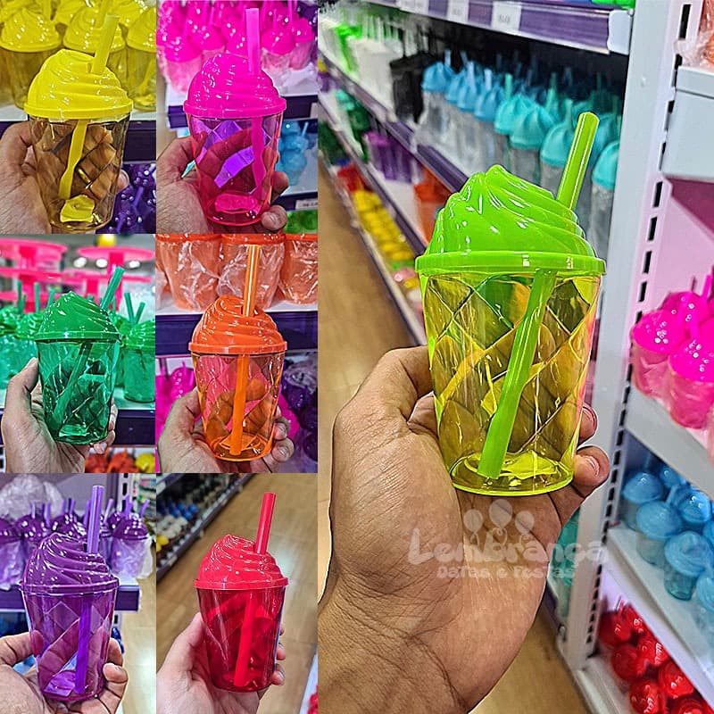 10 unds Copo 200ml Canudo e Tampa Chantilly - Brinde Festa Infantil Acrilico