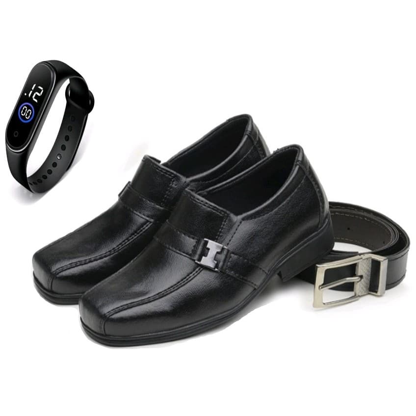 Kit 1 Par De Sapato Social Infantil Masculino + Relógio Digital + Cinto Infantil