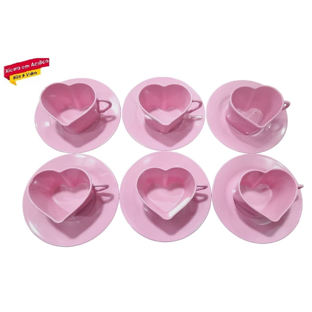 Canto do Cafe Kit 6 Xicaras Coração Rosa bebê em PLÁSTICO ACRILICO + 6 Pires Redondo Rosa bebê presentear cantinho café