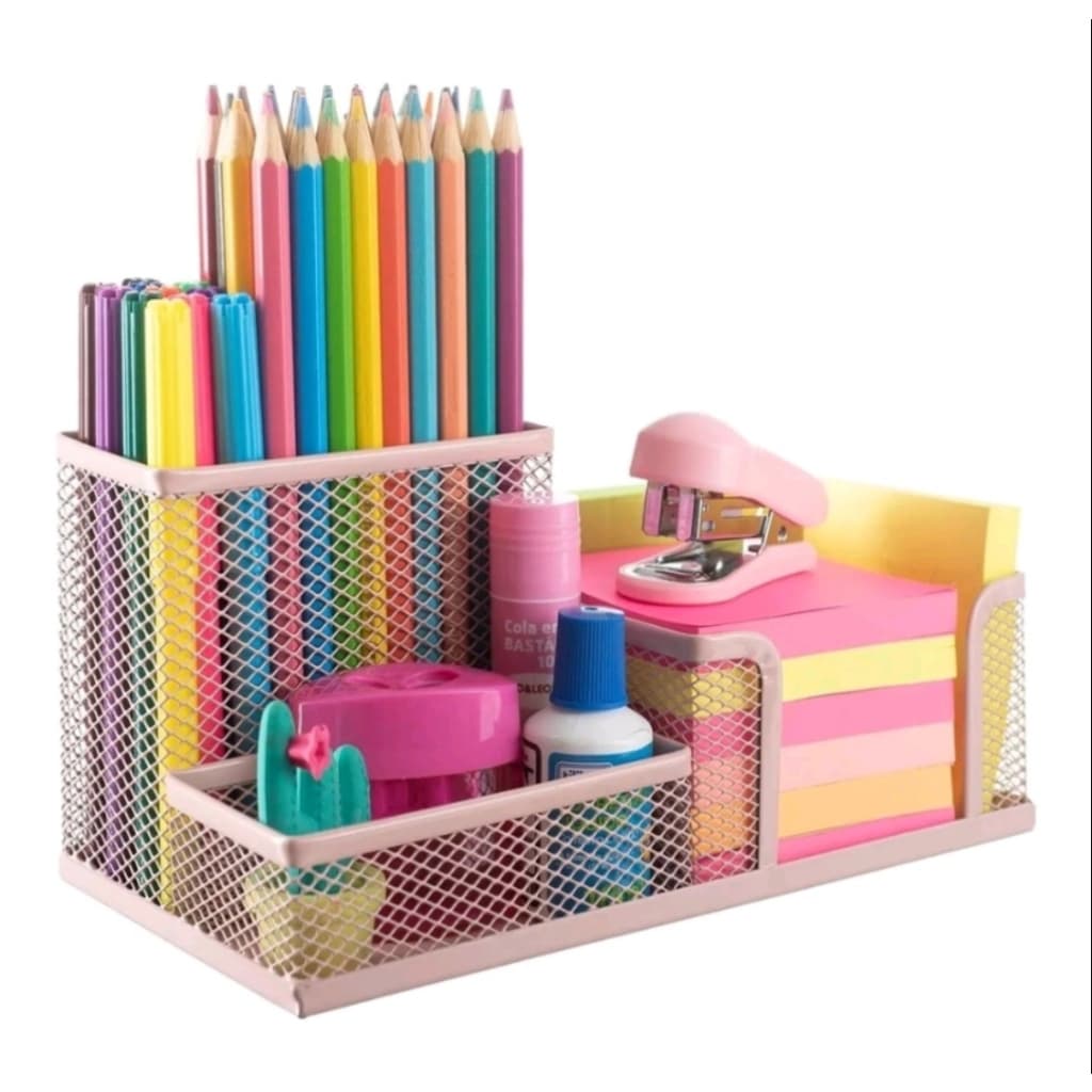 ORGANIZADOR DE MESA TRÊS DIVISORIAS TELADO METAL PORTA TRECO CARTAO ESCRITORIO TESOURA LAPIS CANETA ROSA