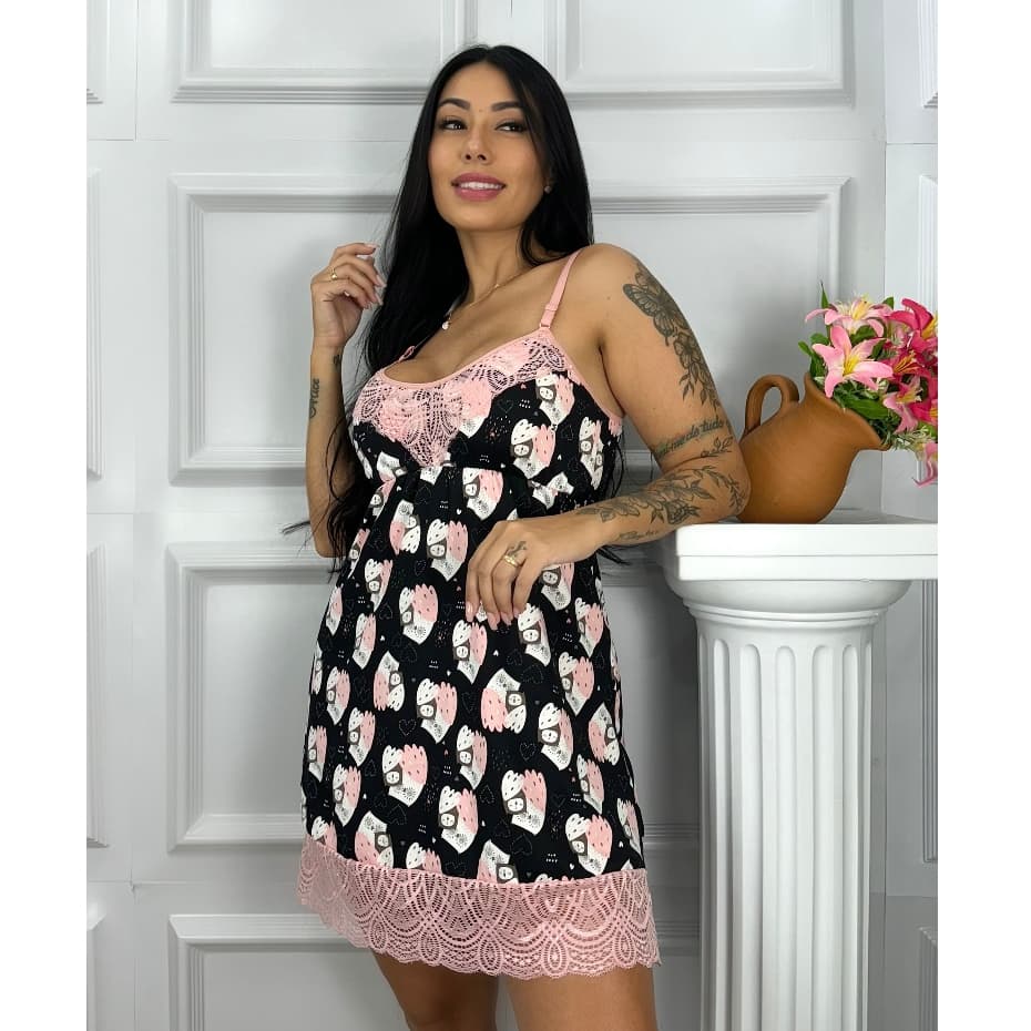 Camisola com renda sem bojo de malha suede linha noite pijama plus