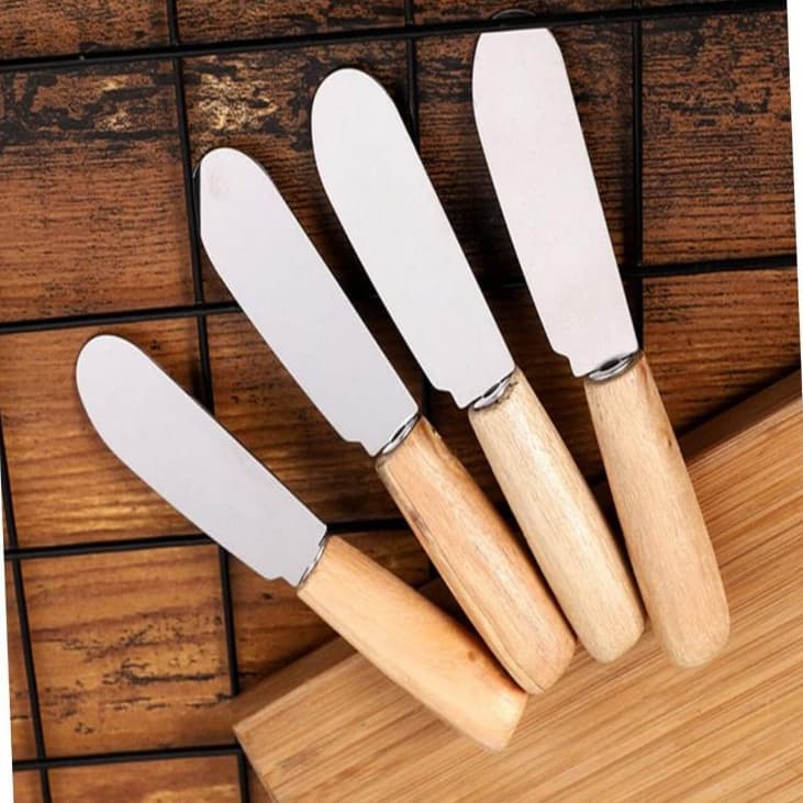 KIT DE 8 PÇ Espátula Patê Manteiga Inox Cabo Madeira 4 Peças 11cm E KIT4 Garfinho Para Frutas E Petiscos