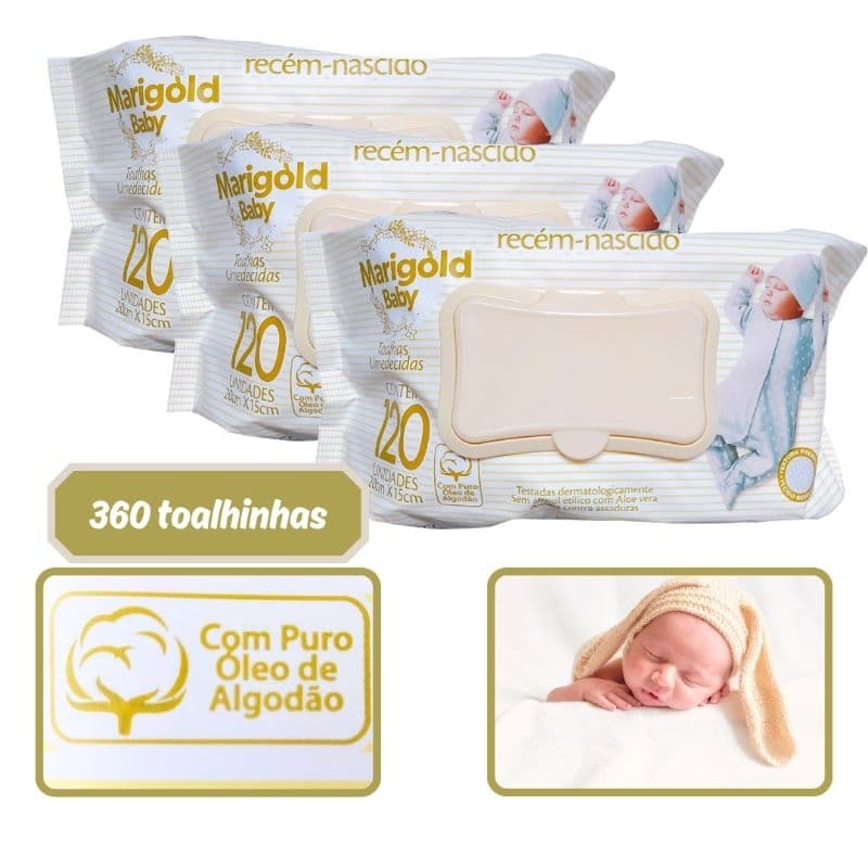 Kit 3 Lenço Umedecido para Recém Nascido Marigold Baby Sensitive 360 Toalhinha Umedecida