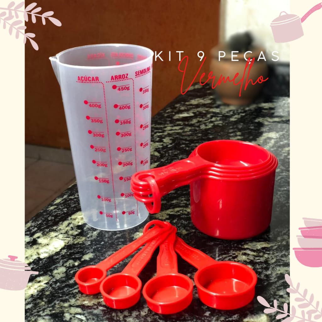 Conjunto 9 Peças Vermelho Kit de Copo Xicaras e Colheres Graduado para sua receita certa