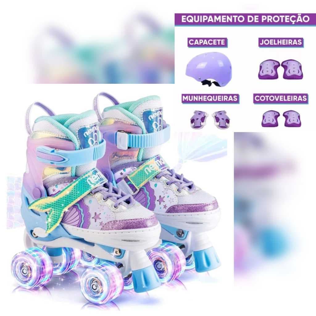 Patins Infantil Arco Íris Sereia Rosa Com Ajuste Tamanho Rodas Com Led Kit Proteção