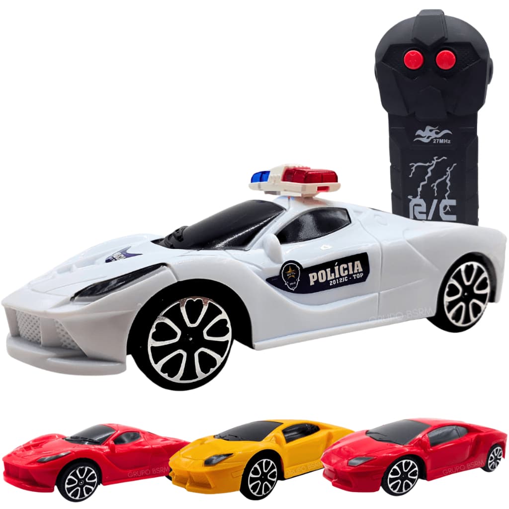 Brinquedo Carro de controle remoto barato presente criança 5 anos de policia vermelho amarelo branco 17cm escala 1:24