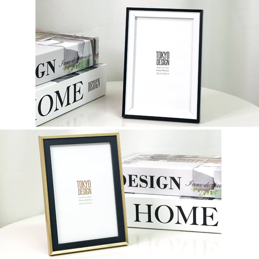 Porta Retrato 10x15 Moldura Dupla Dourado e Preto / Branco e Preto MDF, PVC e Acetato