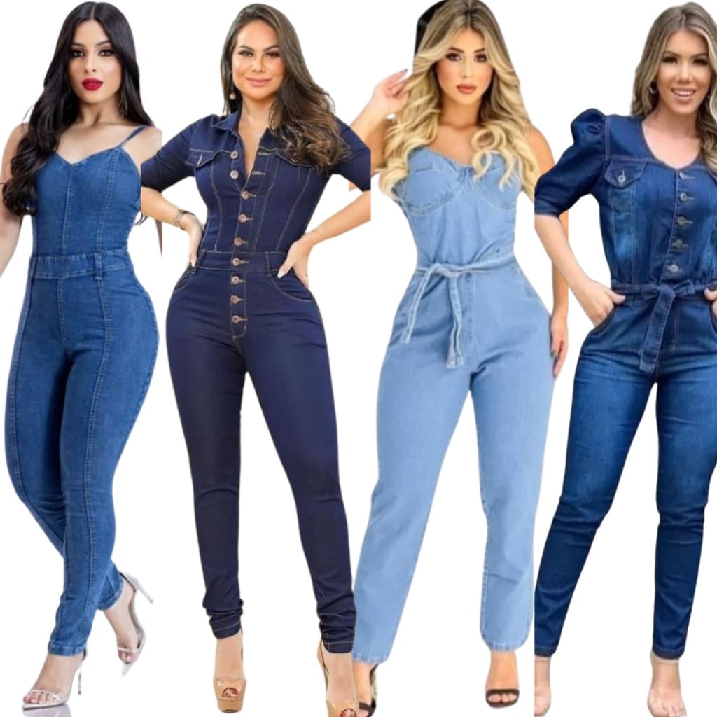 Macacão Jeans Feminino Longo Calça Com Elastano Jardineira Premium Macaquinho