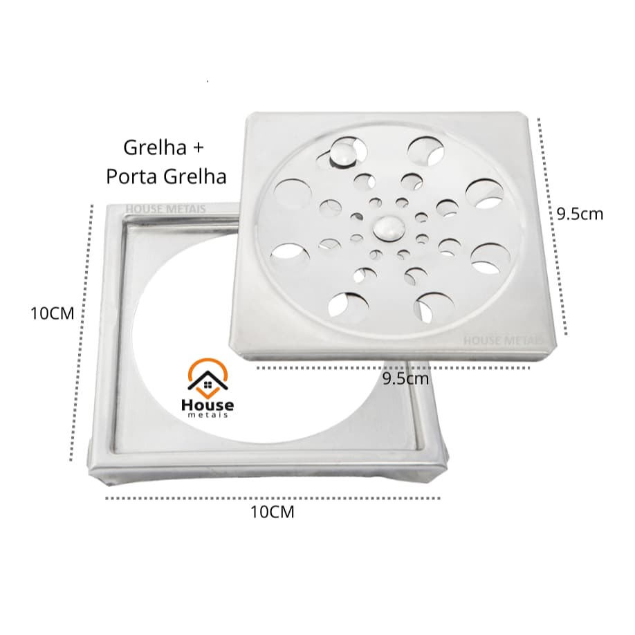 Ralo Grelha Quadrado 10 x 10 Completo com Caixilho Aço Inox Abre e Fecha Cromado Banheiro