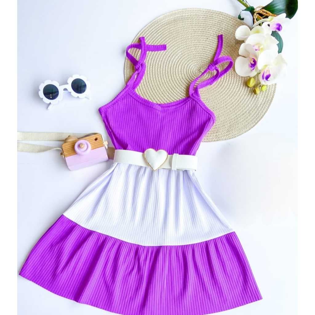 Vestido Infantil 3 maria menina estilosa cor ROXO E BRANCO