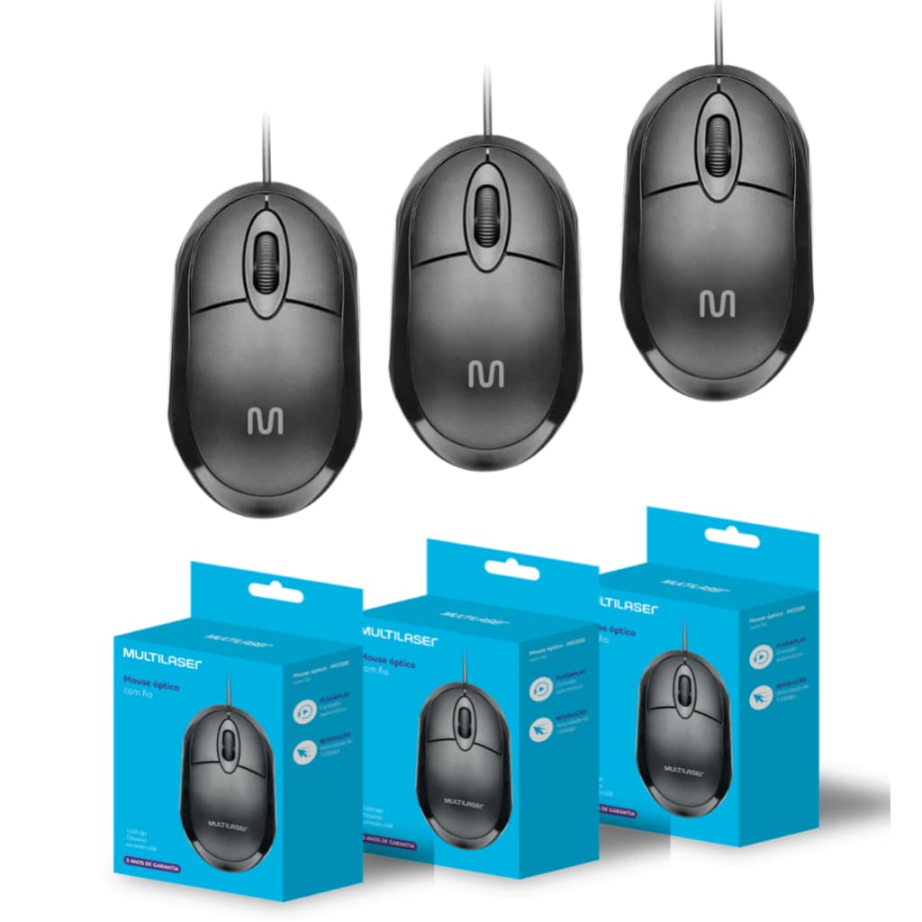Kit 03 Mouse Óptico Simples Básico Multilaser Valor Atacado