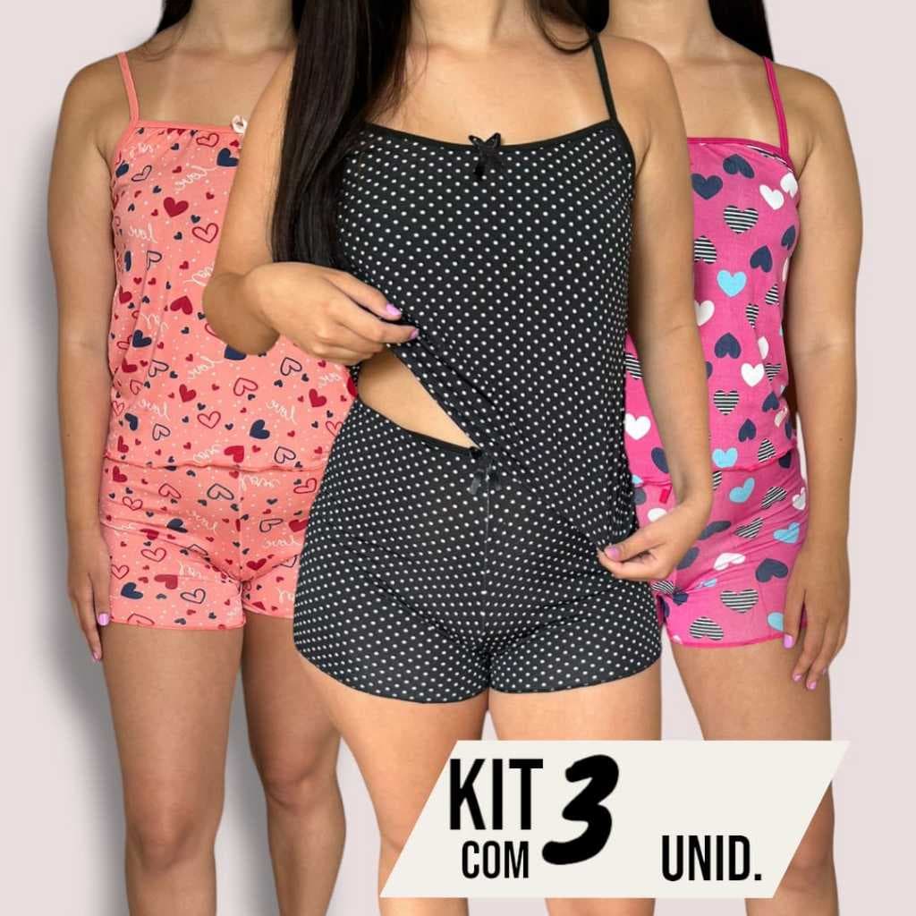 Kit 3 Pijama Feminino Conjunto Baby Doll Roupa de Dormir Short Doll