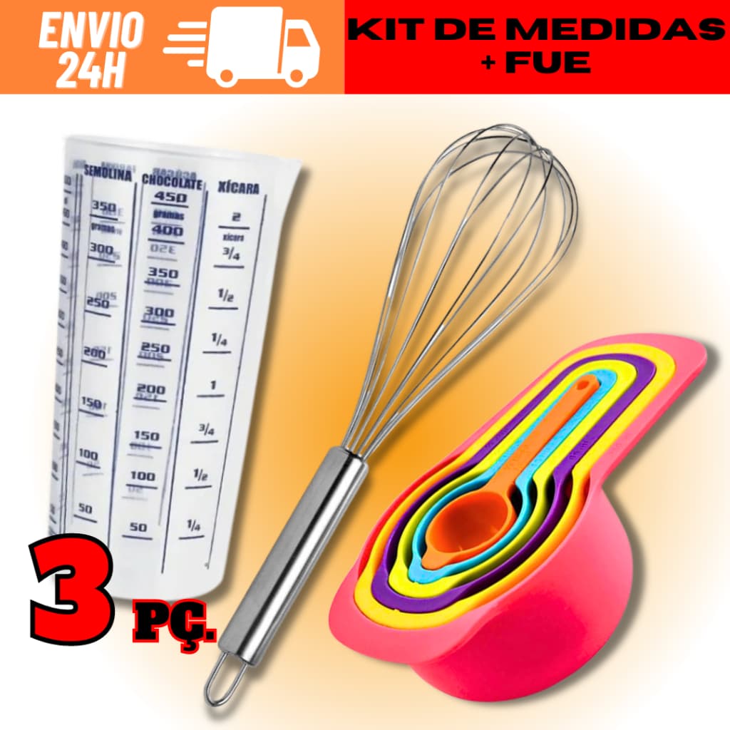 Kit 1 Copo Medidor Graduado 500 Ml + 1 Fuê Batedor Fouet Profissional + KIT 6 Colheres Medidora Em Xicara ML