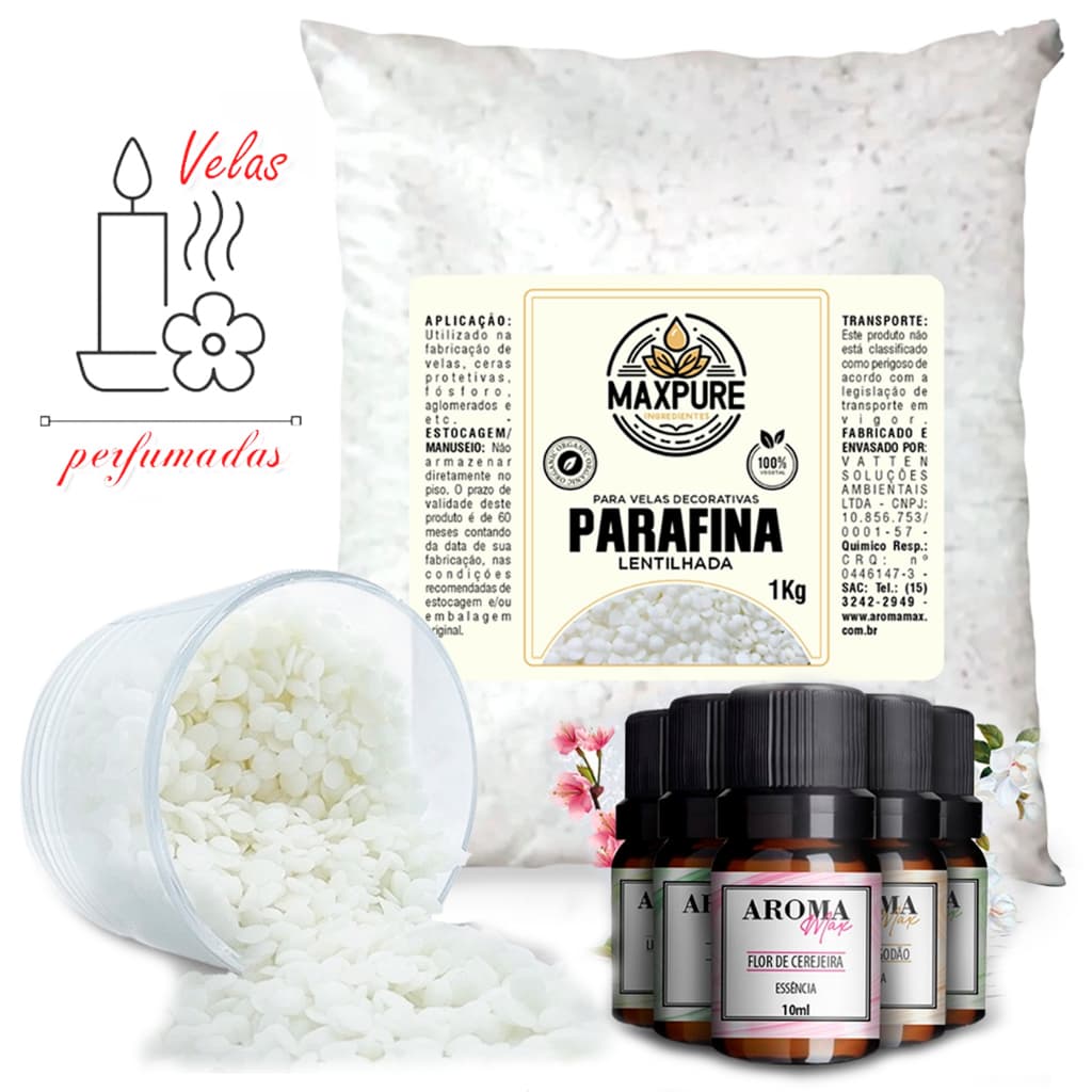 Kit Parafina Granulada Lentilhada 1Kg c/ Essência Aromatizador 10ml Para Fazer Vela Perfumadas