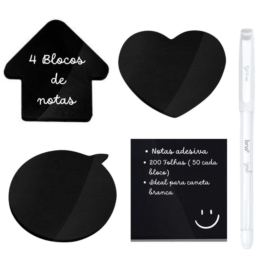 Kit 4 Blocos De Notas Adesivo Preto E Caneta Gel Branca