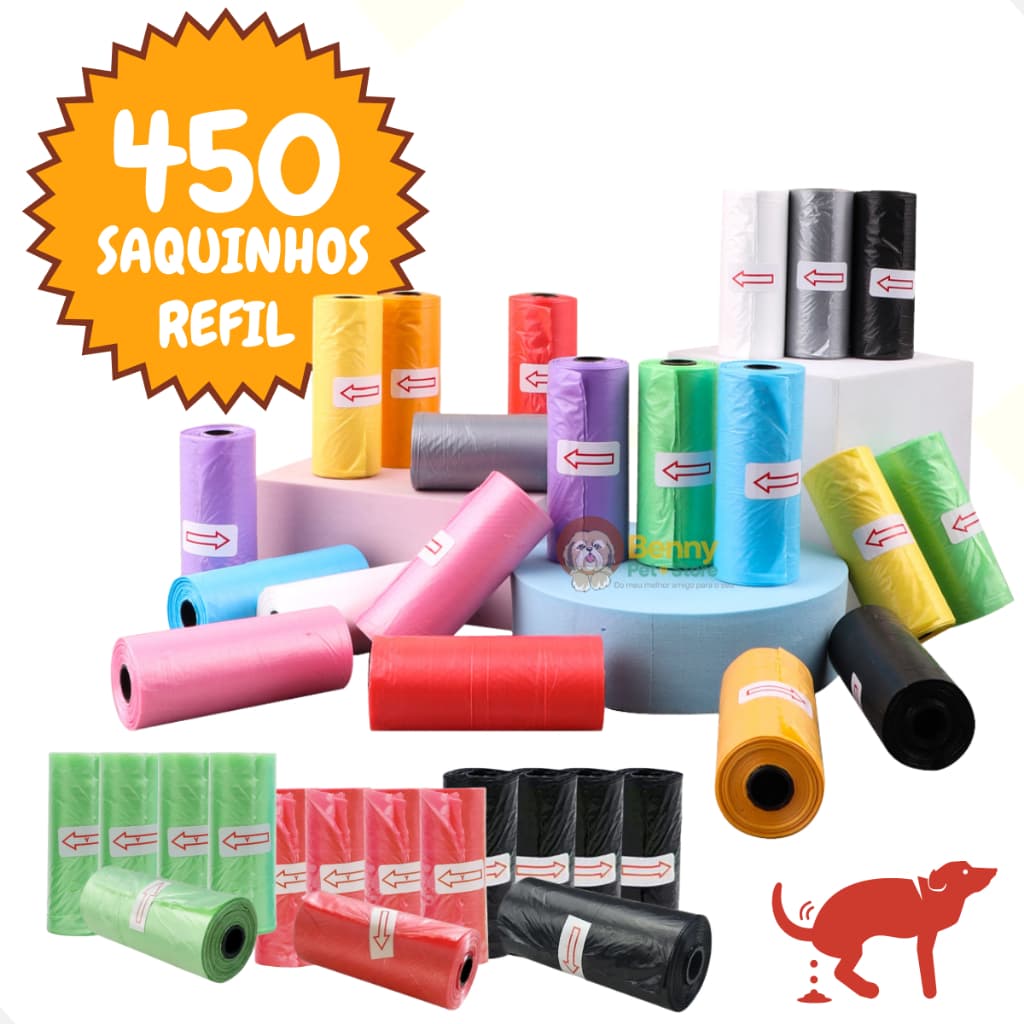 Kit 450 Saquinhos Refil Cata Caca Higiênico Pet 30 rolinhos