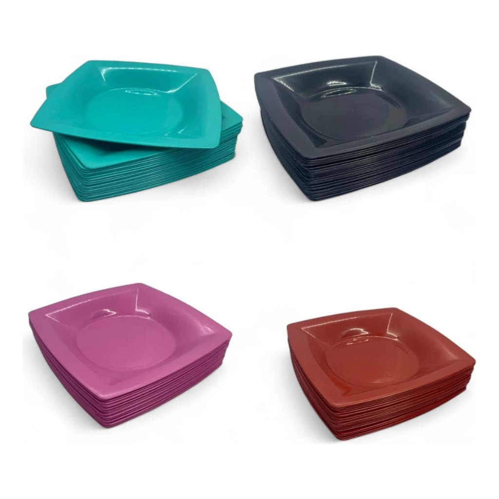 Kit 25 Pratos Quadrados Fundos Plástico Reutilizável Modelo 2 - Refeições Festas Lanches Cores Variadas