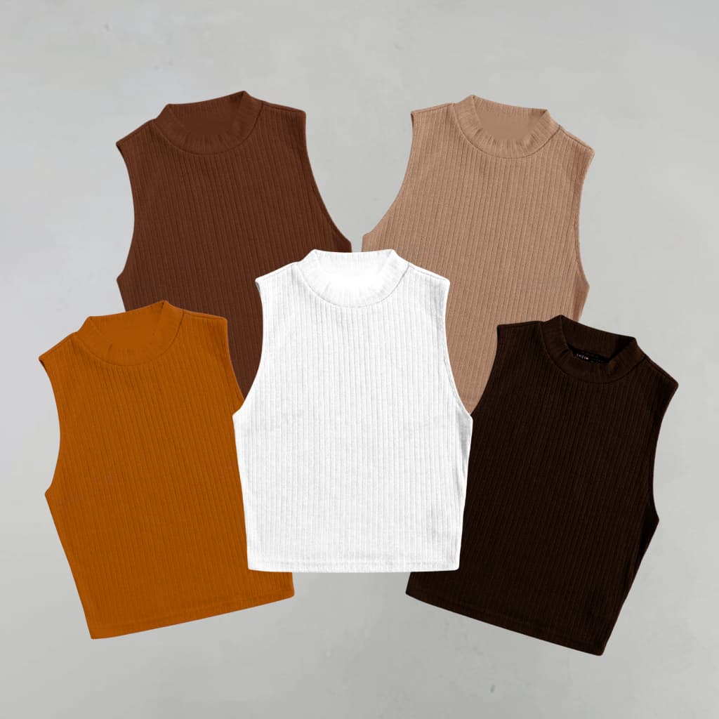 Kit 5 Croppeds Canelados de Gola Canelado Tons Terrosos Básicos Elegantes Versáteis