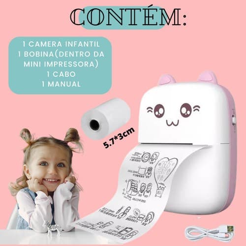 Mini Impressora de Papel Térmico Portátil Gato Rosa e Azul Bluetooth 2.0 Compatível com Android/ios