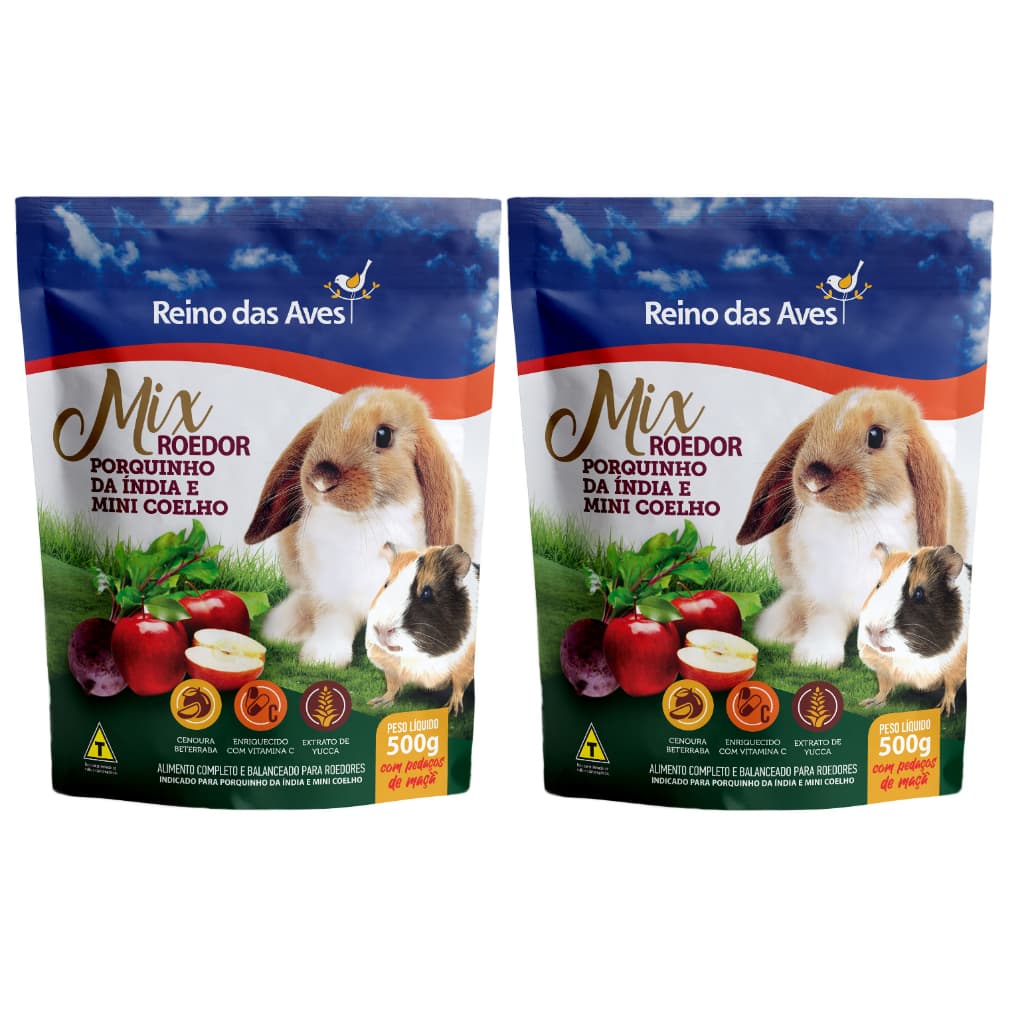 KIT COM 2 UN PORQUINHO DA ÍNDIA E MINI COELHO MIX ROEDOR 500G - REINO DAS AVES