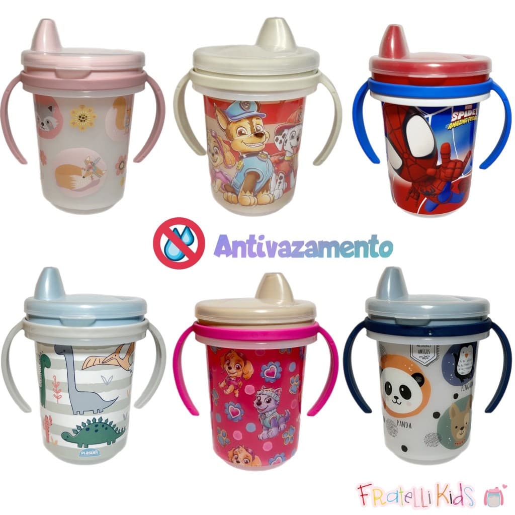 Copo Infantil Antivazamento de Transição Com Alça e Tampa Menino e Menina Bebê 330ml - Homem Aranha Patrulha Canina