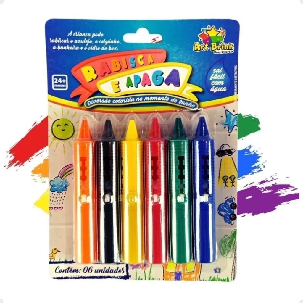 Caneta Giz Cera Rabisca E Apaga Banho Lavavel Brinquedo com 6 Cores