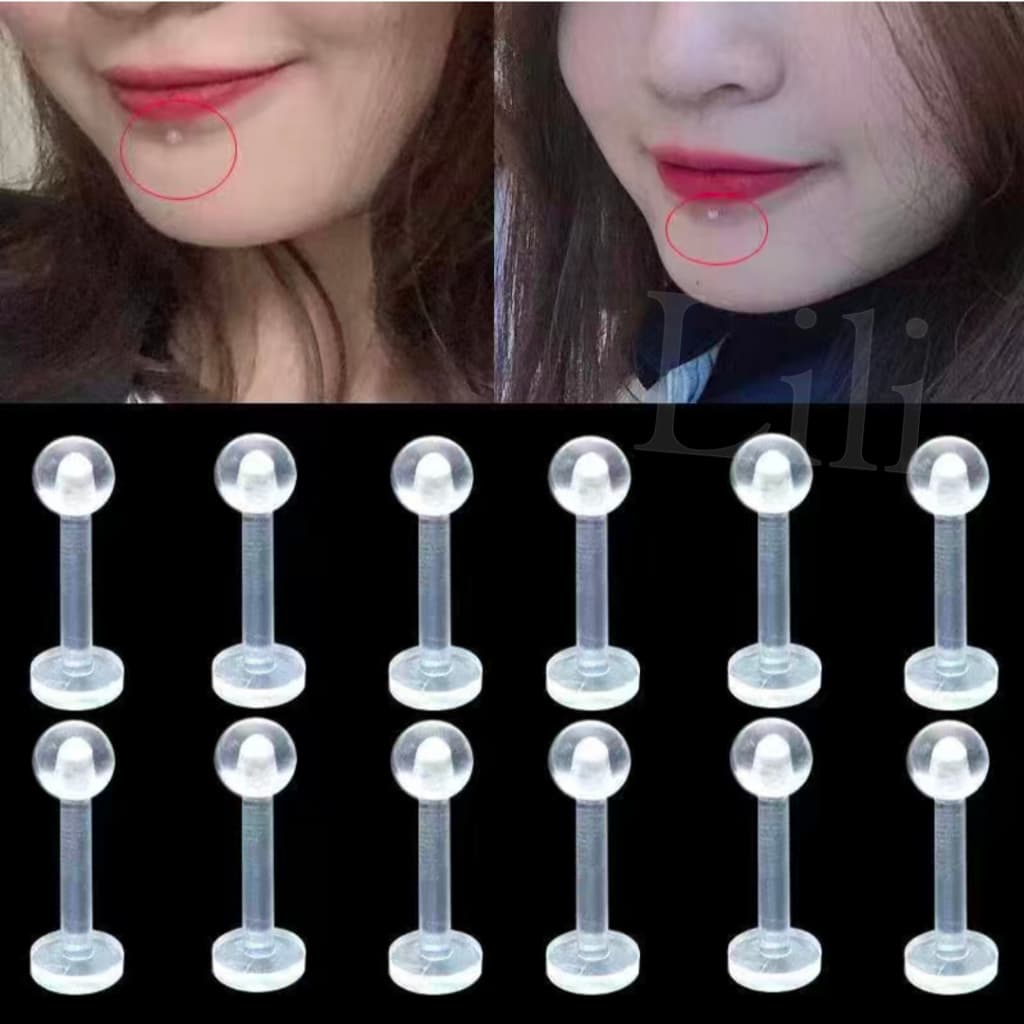 kit 12 Piercing de silicone acrílico transparente para lábios