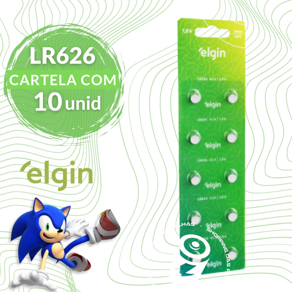 Baterias Alcalinas LR626 AG4 377 Elgin Moeda Botão Relógio - Cartela com 10 Unidades