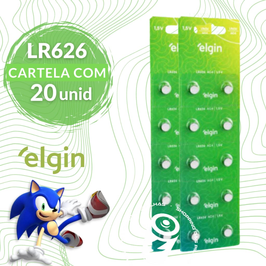 20 Baterias Alcalinas LR626 AG4 377 Elgin Moeda Botão Relógio - 02 Cartelas com 10 Unidades