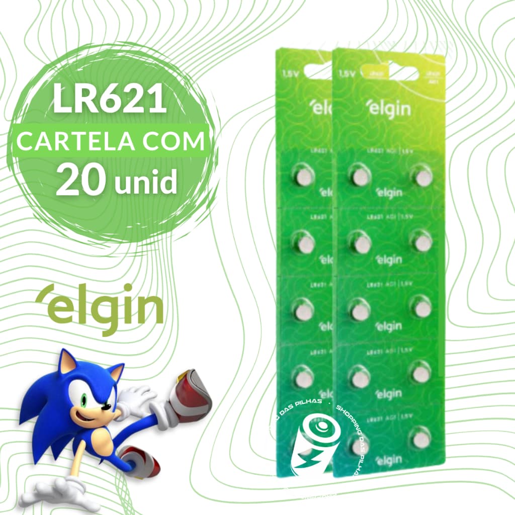 20 Baterias Alcalinas LR621 AG1 364 Elgin Moeda Botão Relógio - 2 Cartelas com 10 Unidades